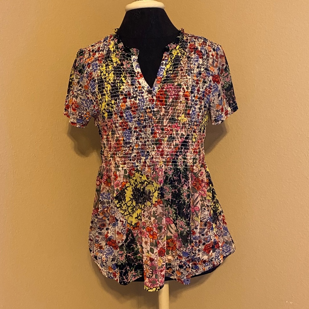 ❤️ Anthropologie Akemi + Kin Mesh Printed Floral Peplum Shirring Blouse